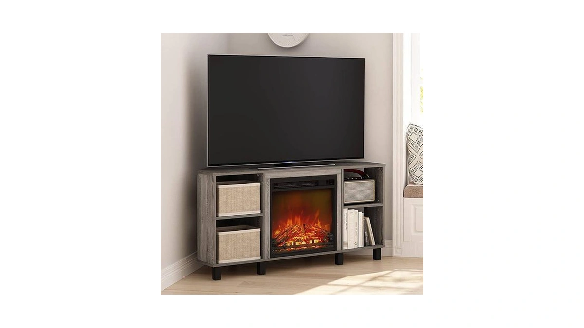 Furinno Jensen Corner Fireplace Tv Stand With 4 Open Compartments