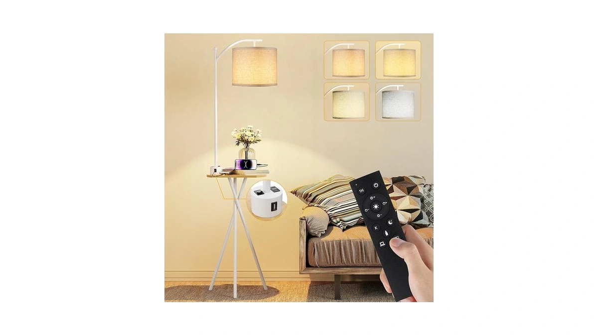 Rottogoon Floor Lamp With Table, End Table Lamp With Remote