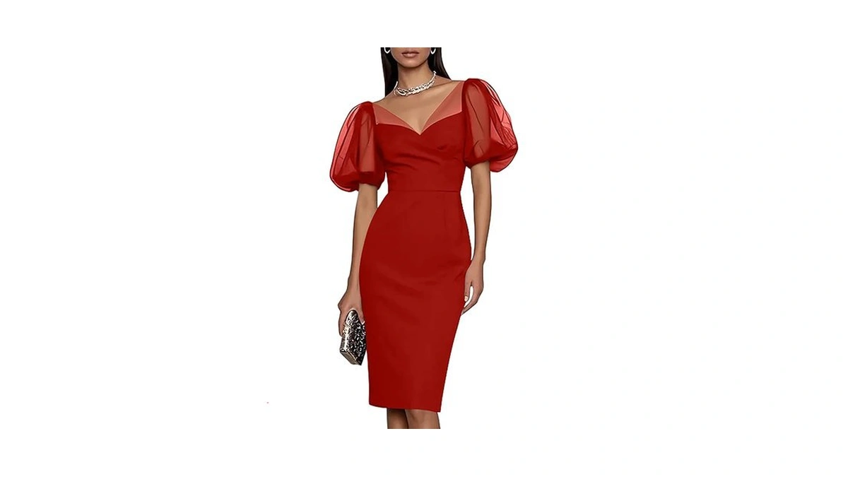 Gobles Women's Elegant V Neck Puff Short Sleeve Bodycon Pencil
