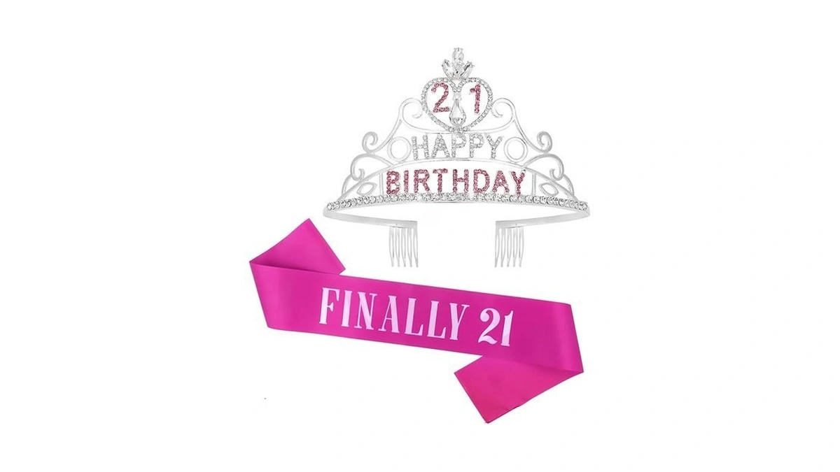 Gafatory 21st Birthday Sash And Crown Set, Silver Happy Birthday