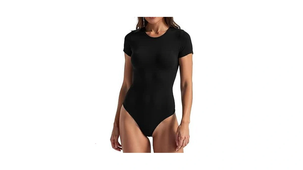 Sunvalix Women's Short Sleeve Thong Body Suits Crew Neck Basic