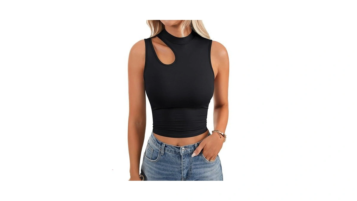 Lyaner Women's Mock Turtle Neck Cut Out Sleeveless Ribbed Knit