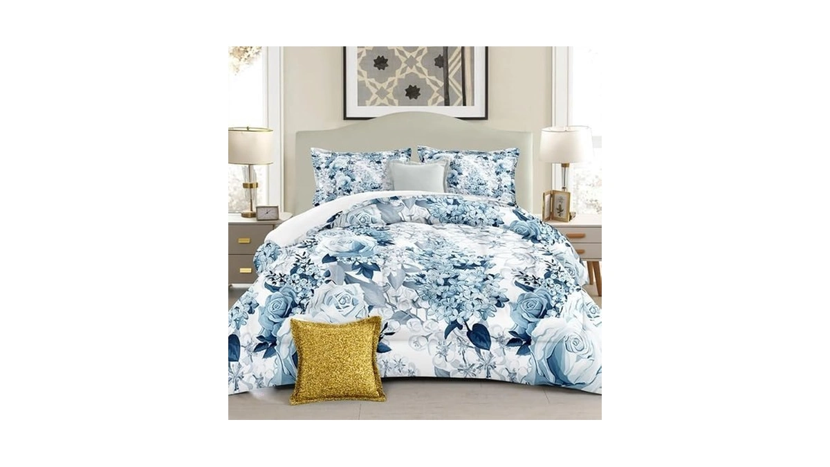 Suklly Teal Blue Flowers Comforter Set King Vintage Floral 3
