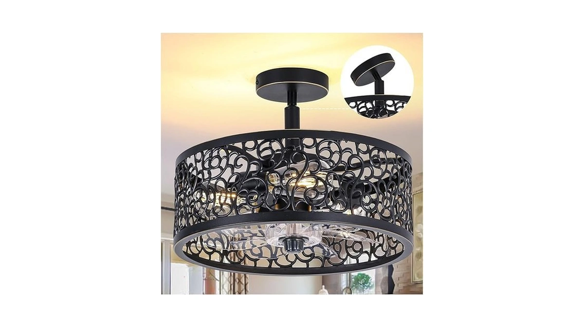 Cocostar 15" Farmhouse Chandelier Ceiling Fans With Lights,black Caged Fandelier,remote/app,rustic