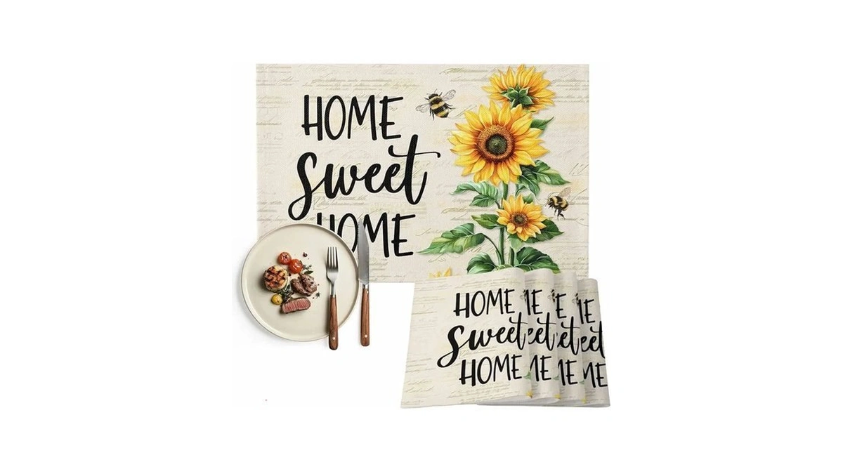 Vintage Sunflower Bee Placemats Set Of 4, Farmhouse Summer Table