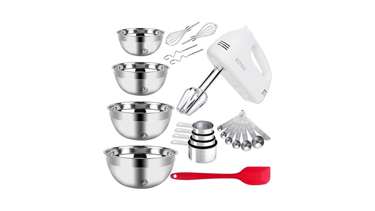 Wepsen 5-speed Electric Hand Mixer, 4 Large Mixing Bowls Set,