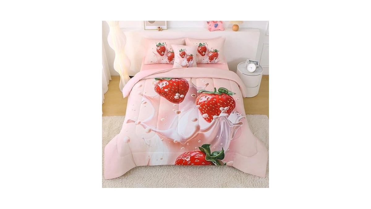 Jqinhome Twin Strawberry Comforter Sets For Girls Kids Teens,6 Piece