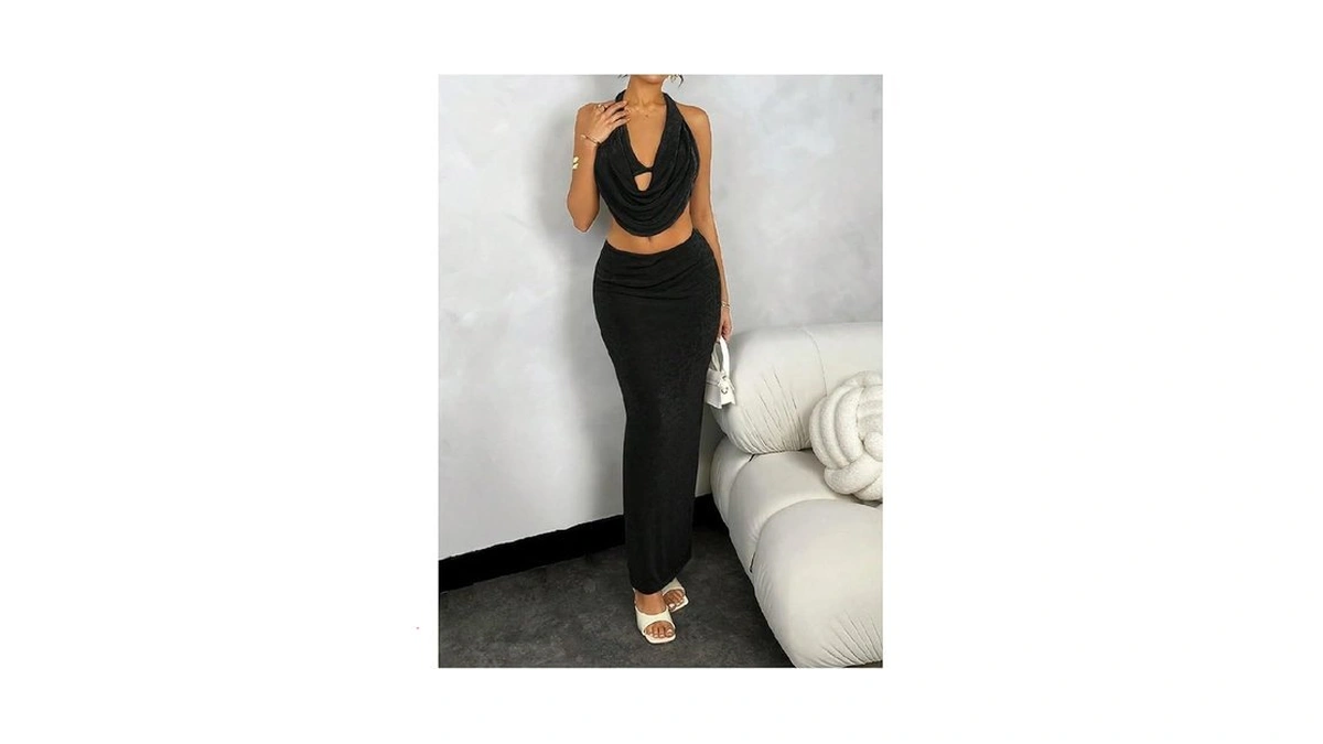 Floerns Women's 2 Piece Outfit Cocktail Draped Halter Tops Bodycon