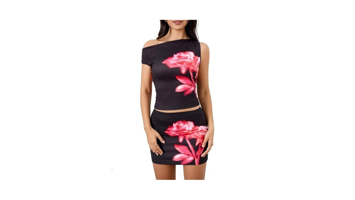 Makemechic Women's 2 Piece Summer Outfit Floral One Shoulder Ruched