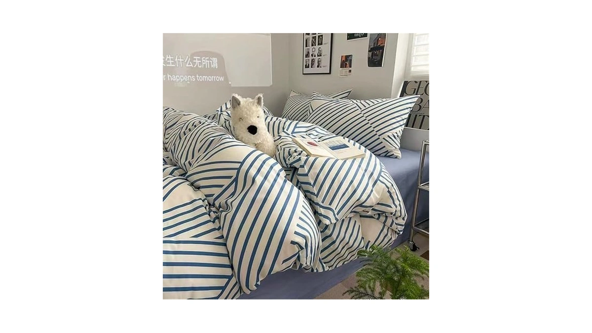 Vm Vougemarket Blue Striped Bedding Set King,instagram Style Geometric Duvet