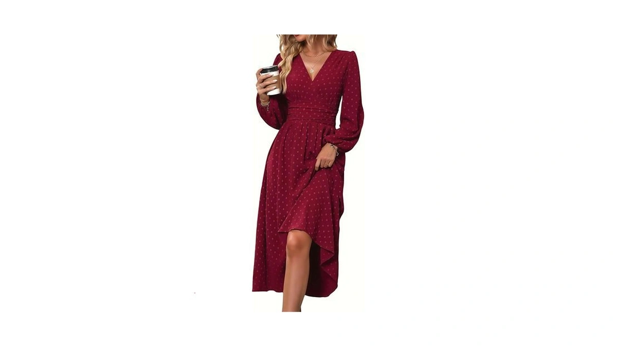 Mettclasi Women's Spring Fall Swiss Dot V-neck Maxi Dress Casual