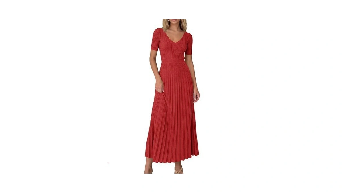 Prettygarden Women's 2026 Spring Midi Sweater Dresses Elegant Pleated Ribbed