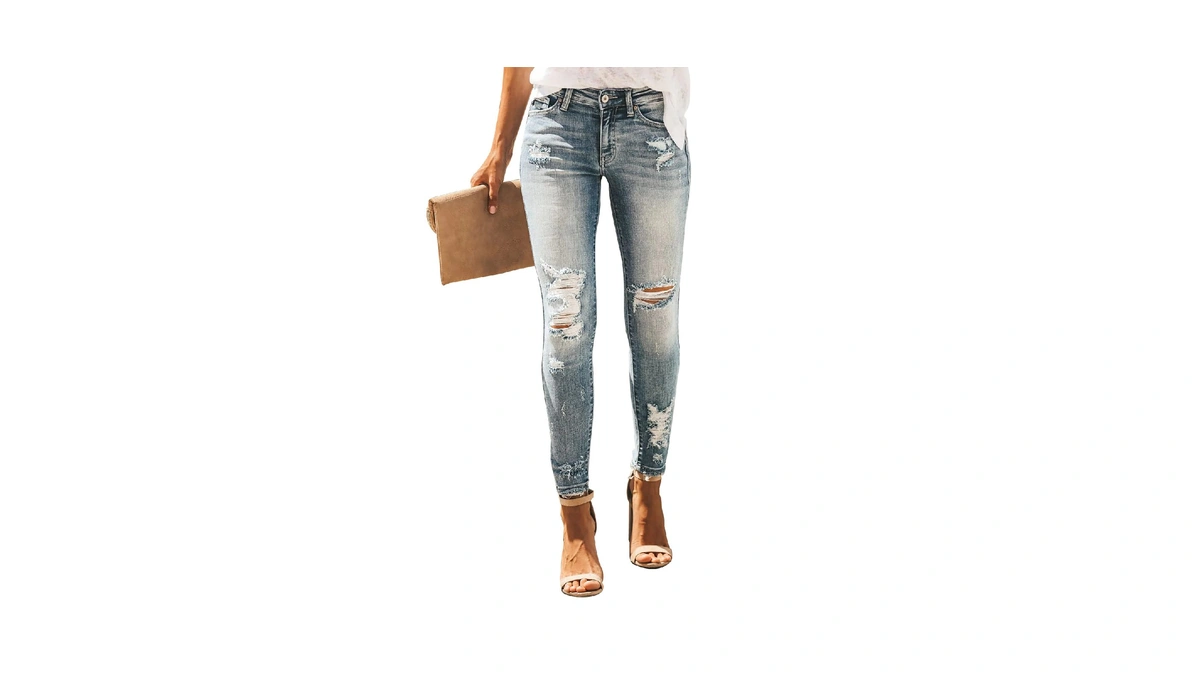 Kunmi Women's Ripped Skinny Slim Fit Jeans Frayed Distressed Stretchy