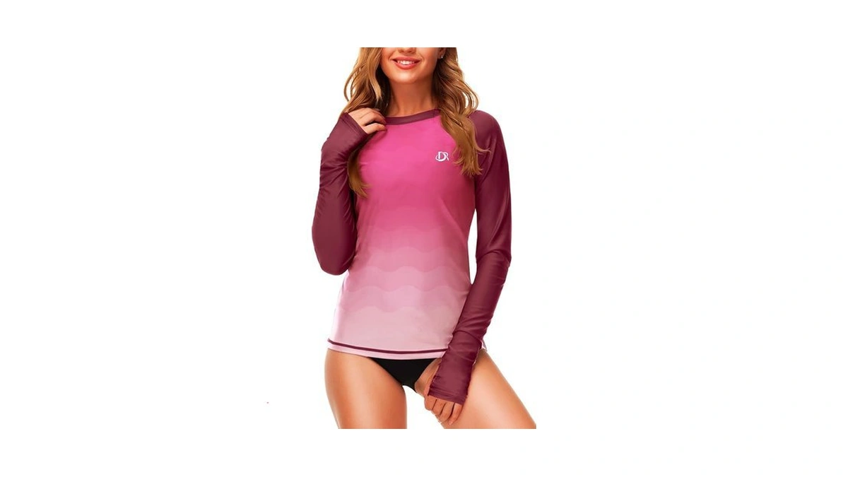 Womens Long Sleeve Rashguard Gradient Uv Protection Swim Tops Surfing