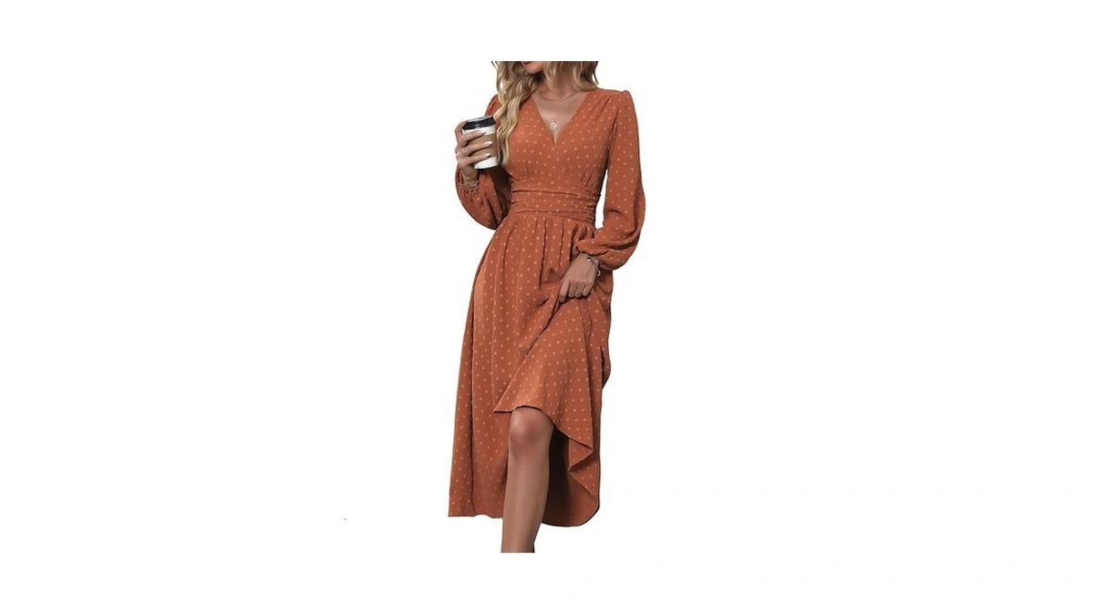 Mettclasi Women's Spring Fall Swiss Dot V-neck Maxi Dress Casual