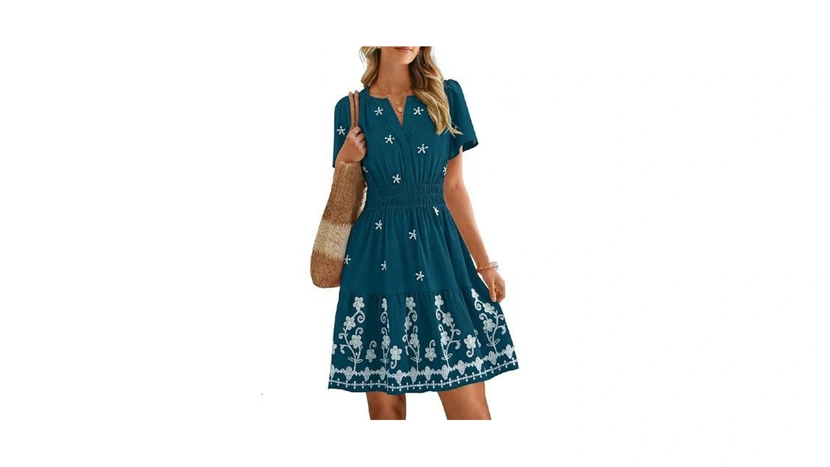 Simplee Womens Summer Mini Dress V Neck Short Sleeve Embroidery