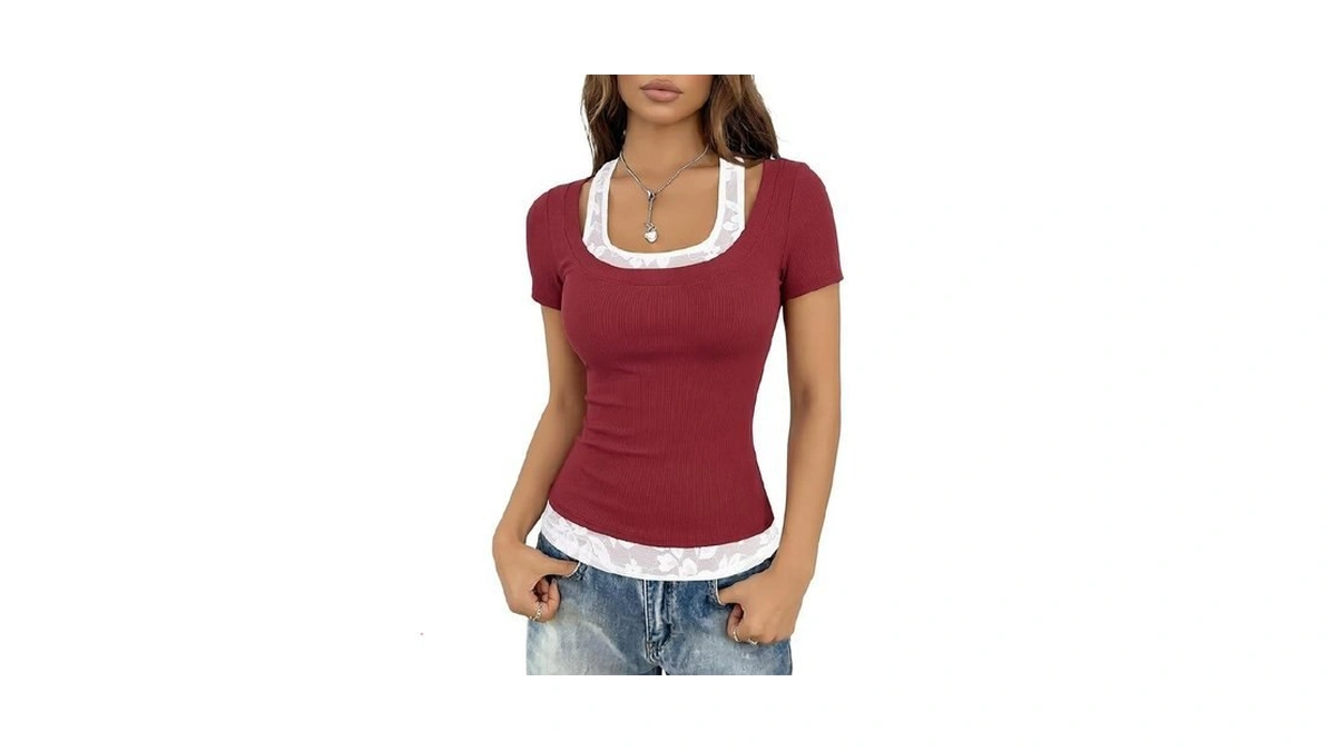 Rooscier Women's Ribbed Lace Trim Scoop Neck Short Sleeve Slim