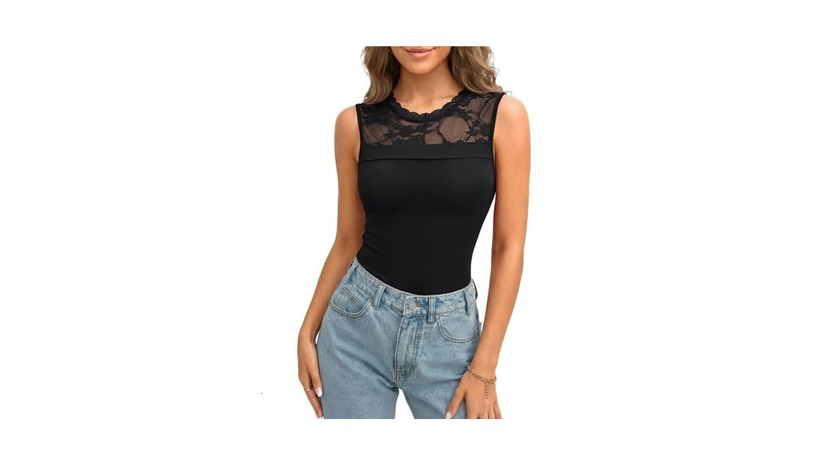 Rooscier Women's Sheer Lace Round Neck Sleeveless Slim Fit Going
