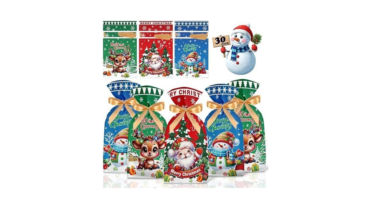 Perfqu 30 Pcs Merry Xmas Gift Bags - Christmas Drawstring