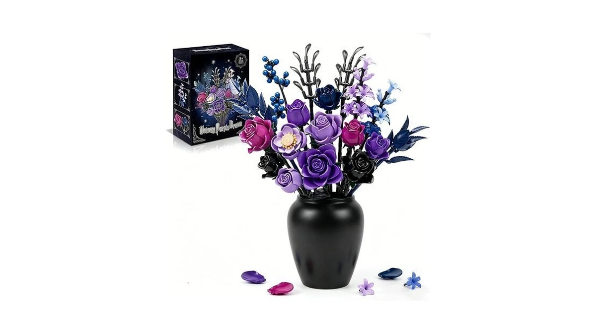 Gothic Purple Flower Bouquet Building Set For Adults, Dark Rose