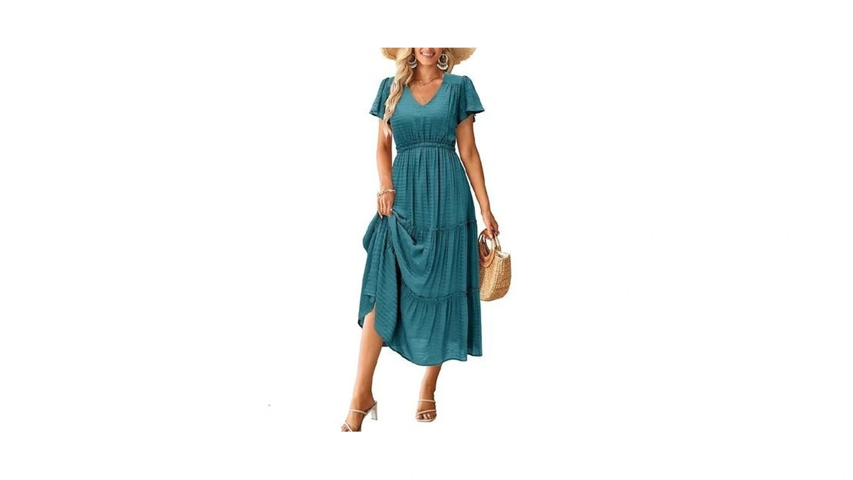 Votepretty Women's Fashion Summer Boho Dresses Short Sleeve V Neck