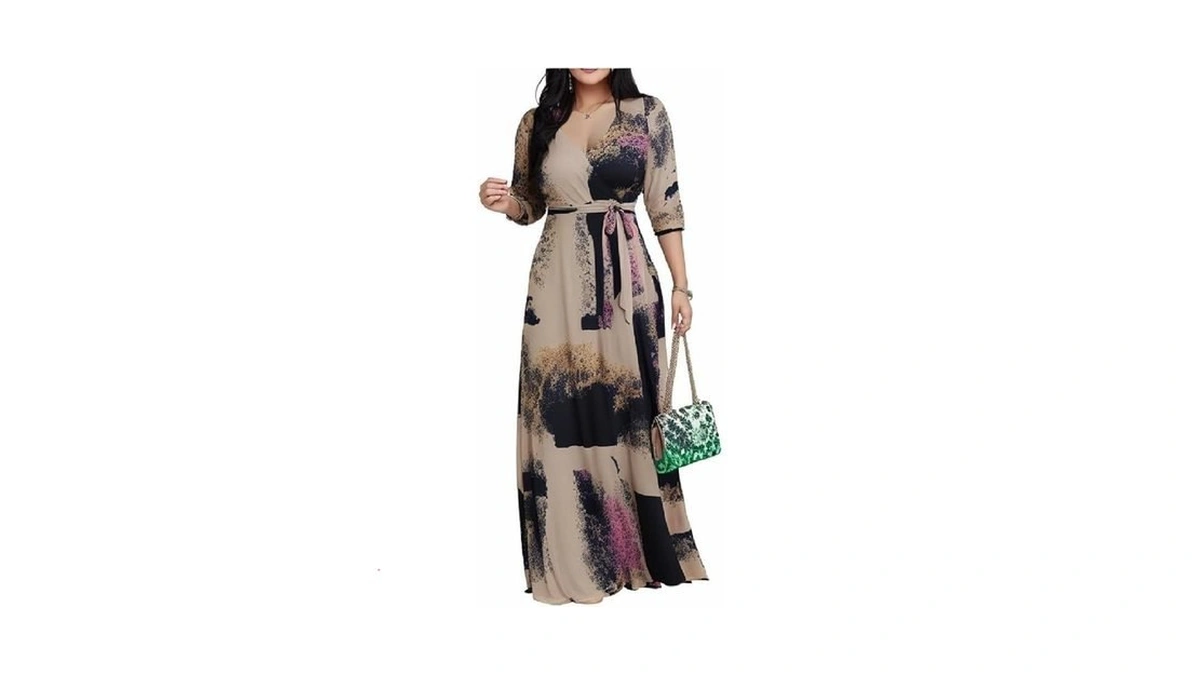 Canibtr Maxi Dresses For Women Casual 3/4 Sleeve Printed Wrap