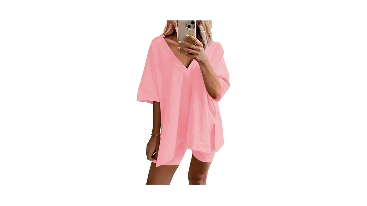Ekouaer Womens Pajamas 2 Piece Lounge Sets Oversized V Neck