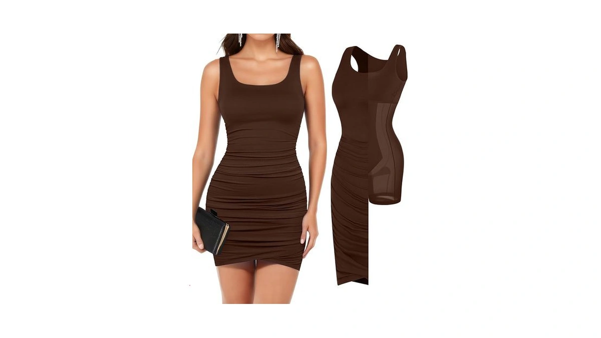 Popilush Ruched Dress With Built In Shapewear Sleeveless Bodycon Dress