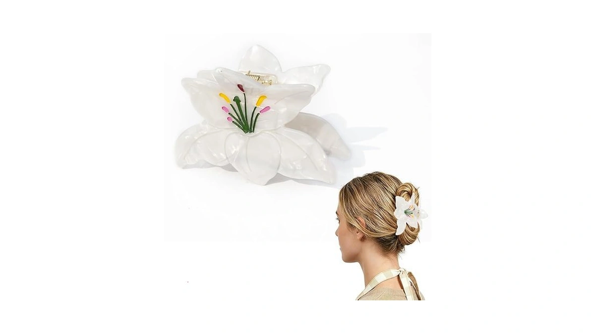 White Lily Flower Acetate Hair Claw Clip For Women, Elegant