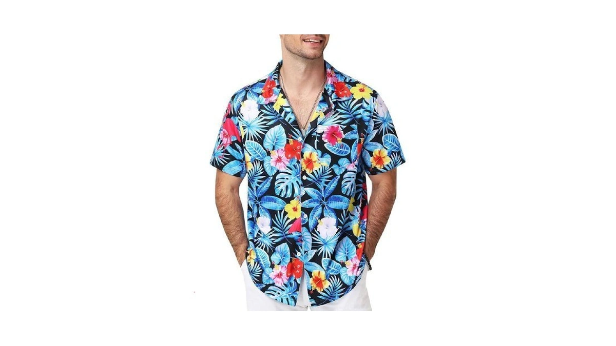 Seaoyozo Men's Hawaiian Shirt Short Sleeve Tropical Button Down Floral