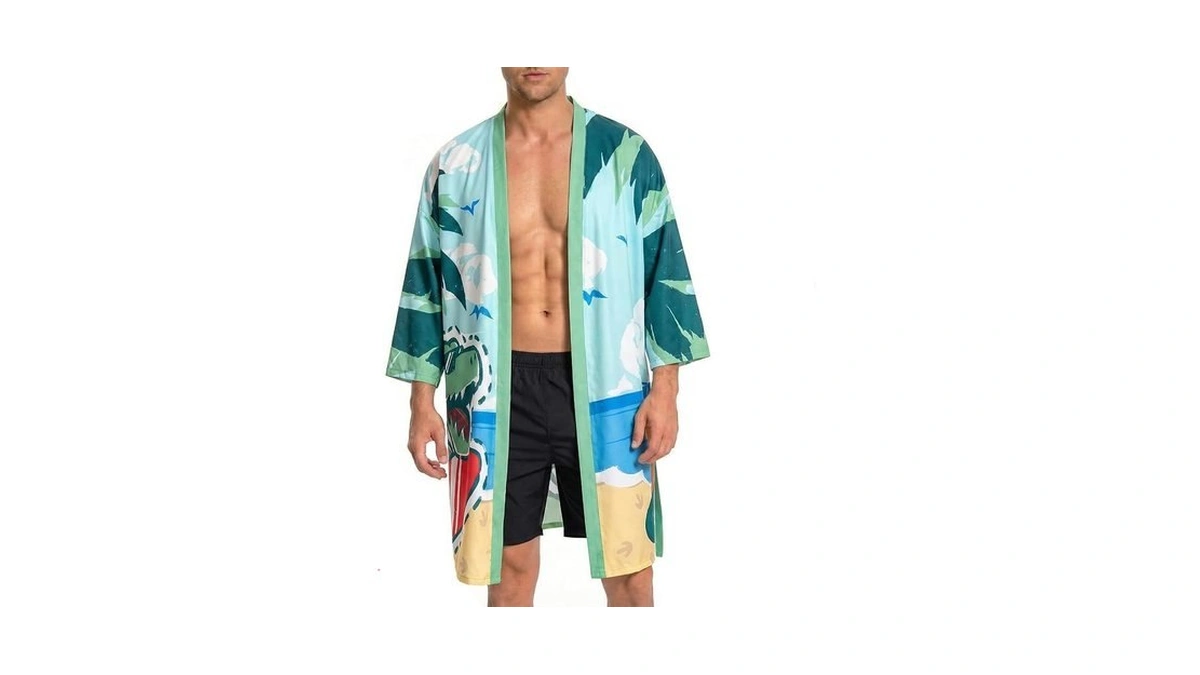 Olaola Men Lightweight Kimono Dinosaur Robe With Belt Japanese Style