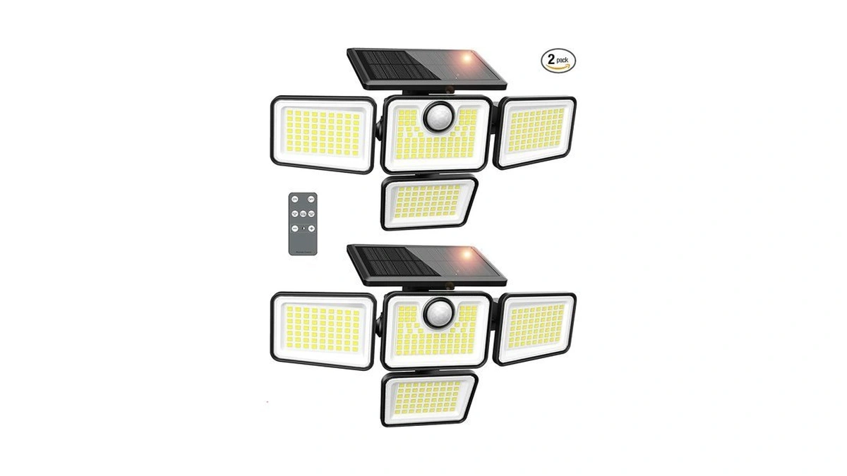 Omibee Solar Lights Outdoor, 6000lm 4 Heads Motion Sensor Lights,