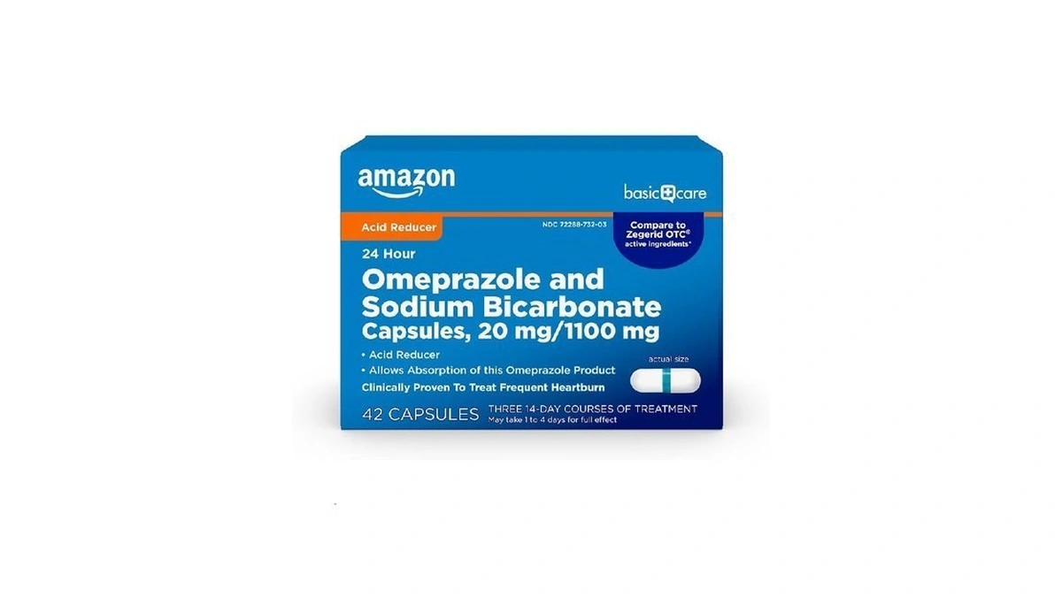 Amazon Basic Care Omeprazole And Sodium Bicarbonate Capsules, 20 Mg/1100