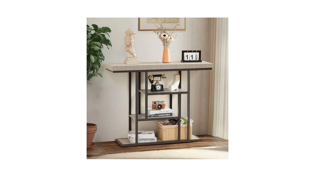 Habutway 42" Industrial Console Table, Narrow 4-tier Wood Entryway Table
