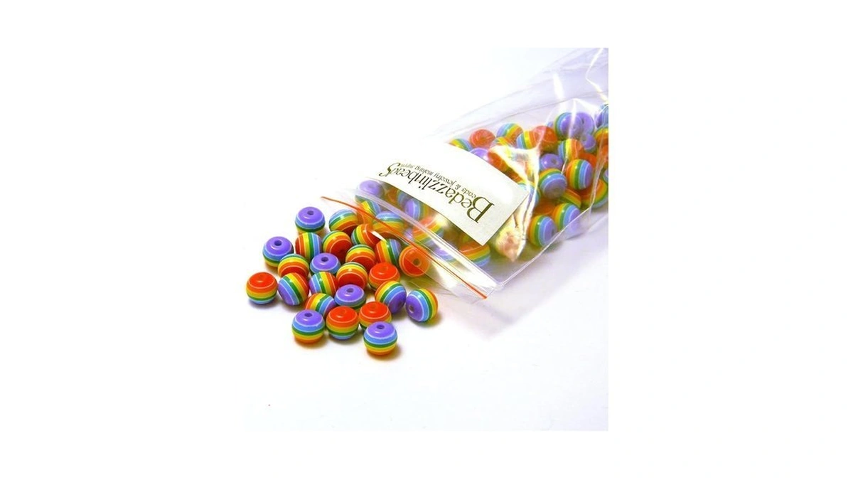 100 Rainbow Stripe 8mm Round Plastic Acrylic Resin Beads With