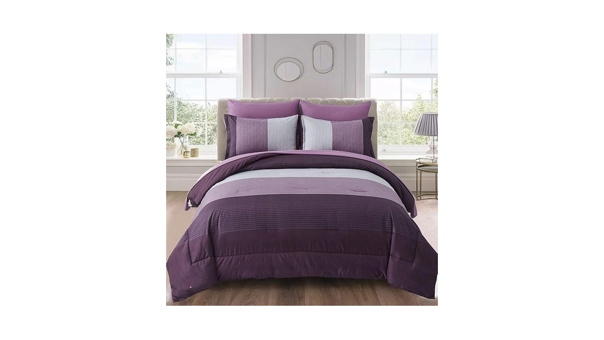 Wongs Bedding Purple Comforter Set Queen, Reversible Purple Striped Patchwork