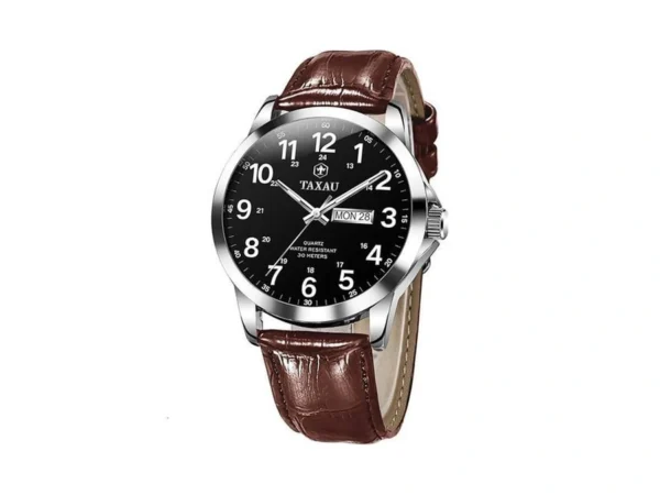 Taxau Mens Brown Leather Watch, Luxury Minimalist Black Face Quartz