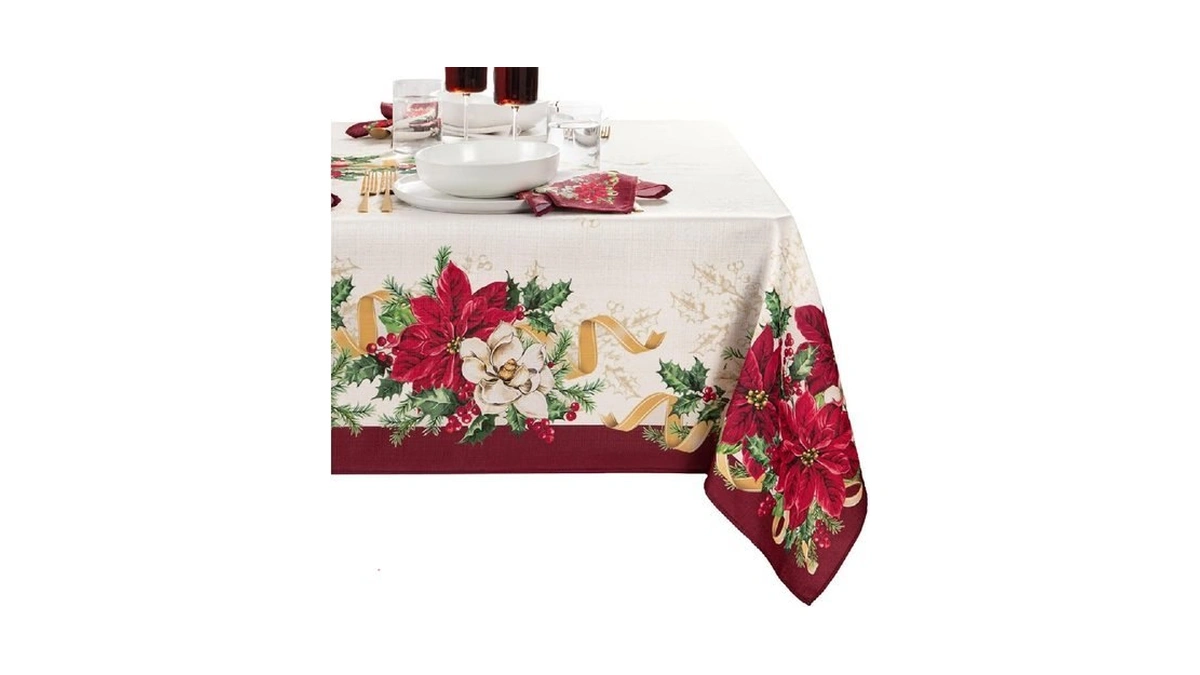 Elrene Home Fashions Poinsettia Garlands Holiday Engineered Wrinkle Resistant Tablecloth,