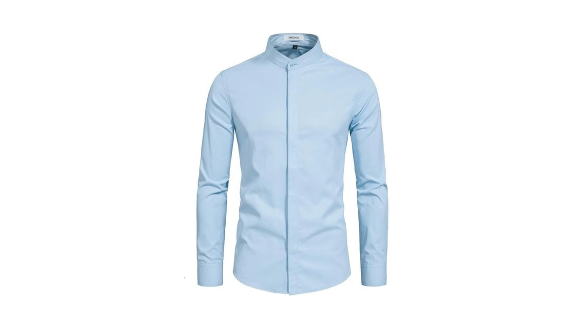 Vancoog Men's Mandarin Collar Plain Cotton Blended Long Sleeve Button