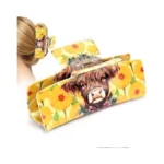 Medium Hair Claw Clip With Floral Cow Design, Plastic Non-slip