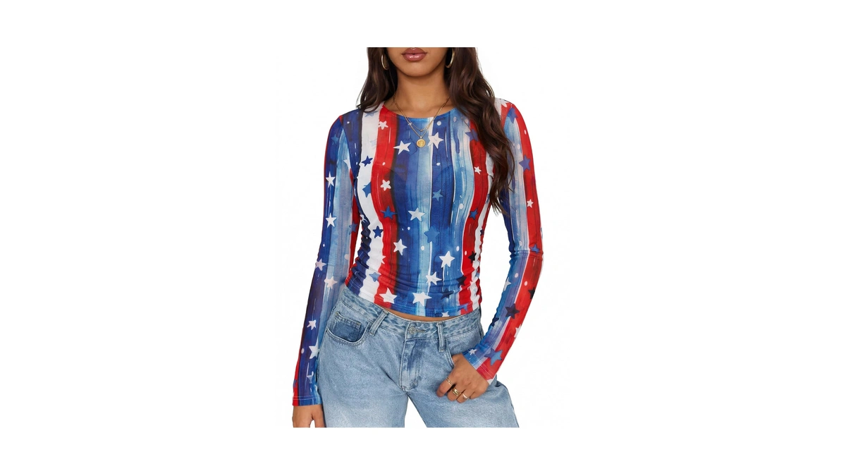 Mousya Usa Sheer Tops For Women Patriotic Mesh Long Sleeve