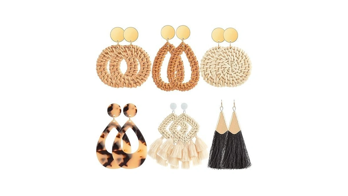 Ponpon 6 Pairs Rattan Earrings, Lightweight Summer Straw Earrings Fashion
