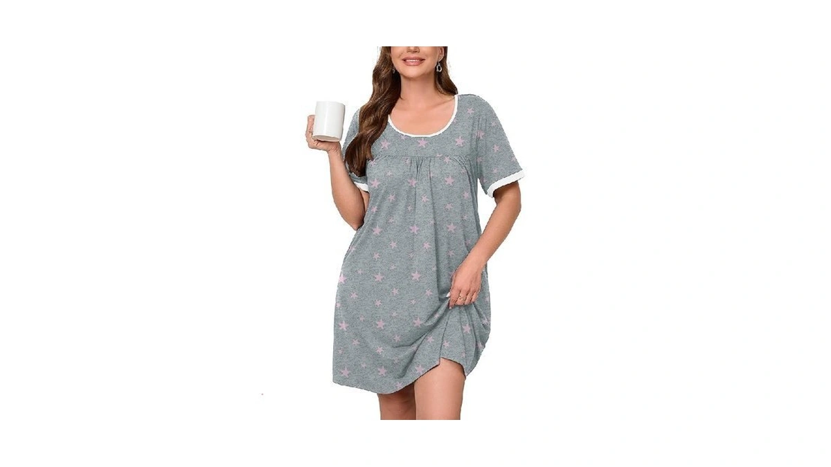 Auslook Plus Size Women's Nightgown 1x Pink Stars Short Sleeve