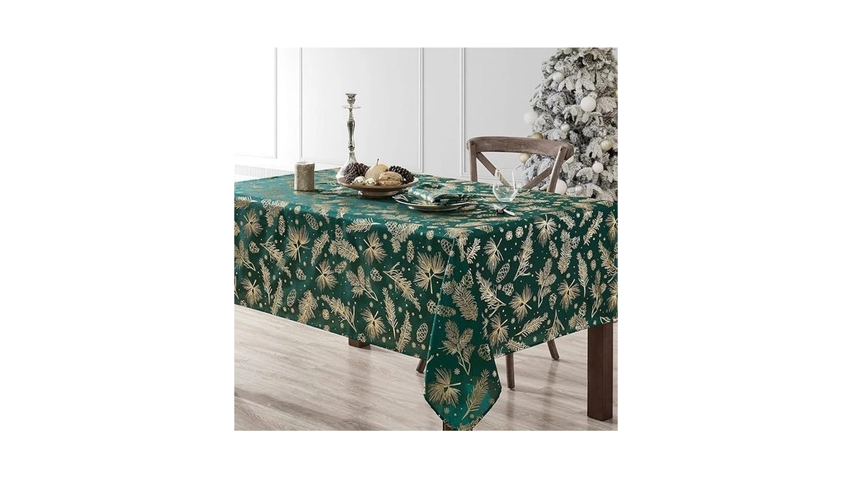 Elrene Home Fashions Pine Leaf Metallic Foil Printed Fabric Holiday/christmas