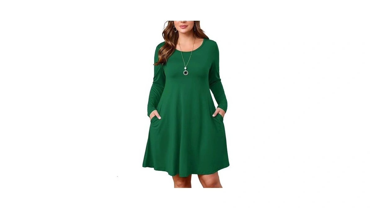 Auslook Women's Plus Midi Dress Long Sleeve Crew Neck A-line