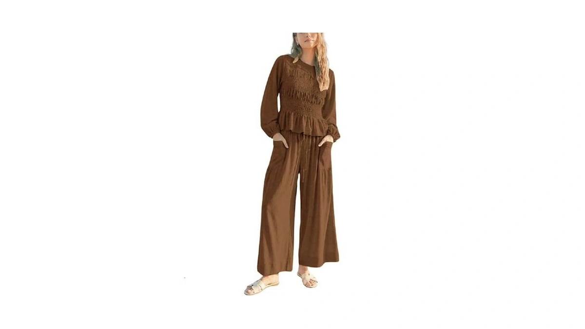 Antnation Womens 2-piece Boho Long Sleeve Smocked Top & Wide-leg