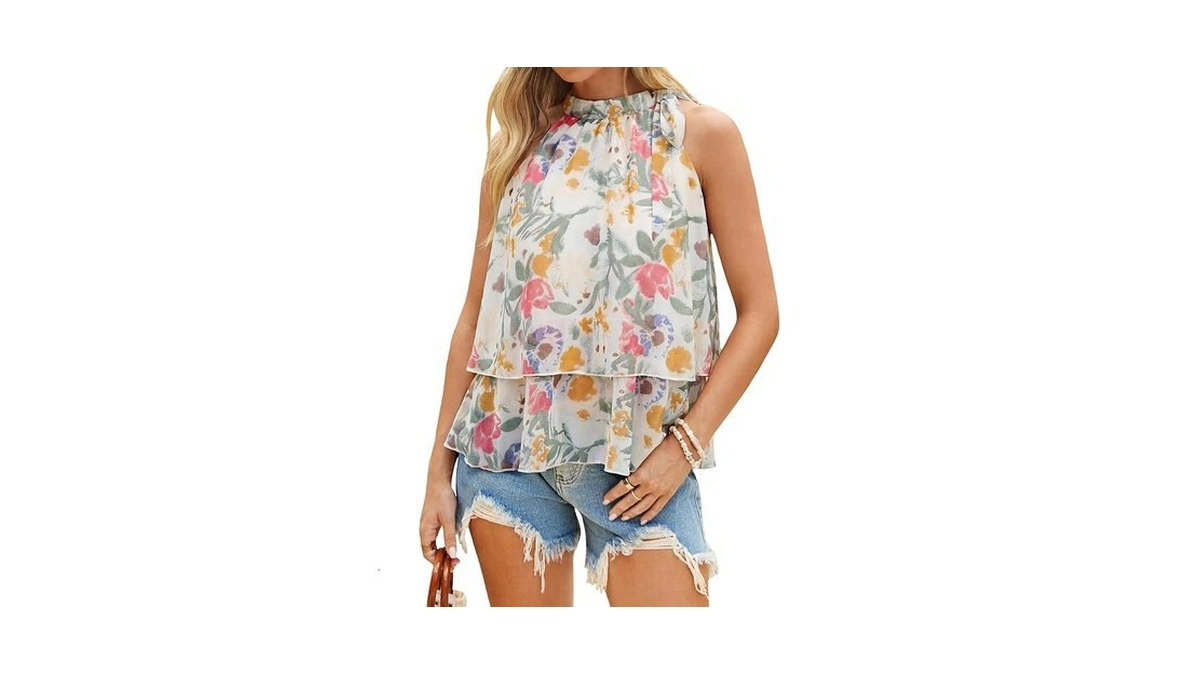 Simplee Spring Halter Tops For Women Sleeveless Floral Tie High