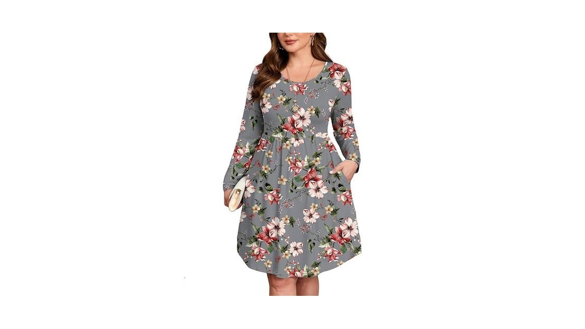 Auslook Women's Plus Size Long Sleeve Midi Dress Crewneck Casual