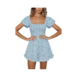 Jeanewpole1 Womens Floral Wide Leg Short Rompers Shirred Ruffle Sleeve