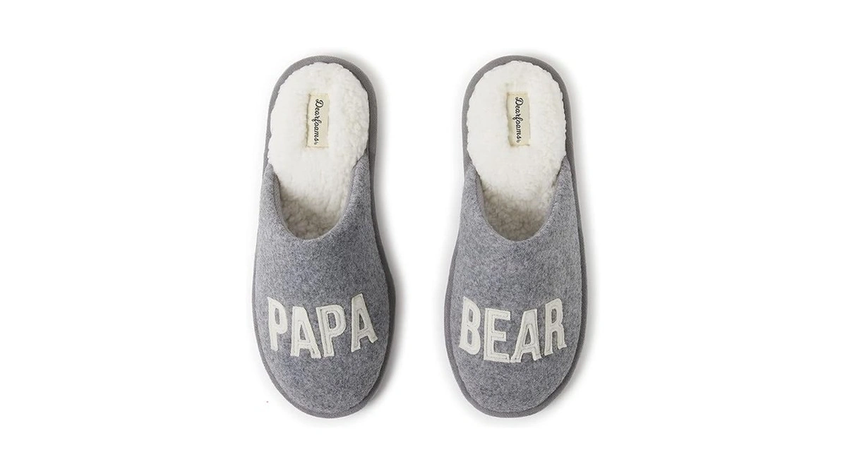 Dearfoams Mens Matching Family Collection Papa Bear Slipper, Light Heather